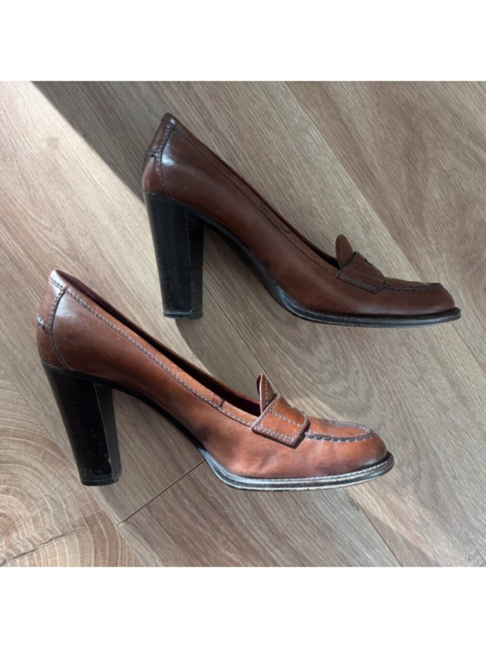 Authentic PRADA Brown Leather Loafer Heels Size 38.5
